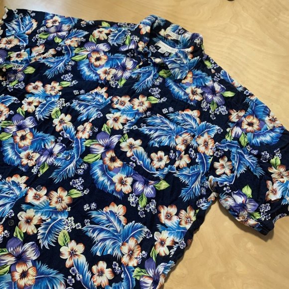 Geoffrey Beene Hawaiian Shirt Mens Large L Black & Blue Button Down Summer Shirt - Picture 2 of 8
